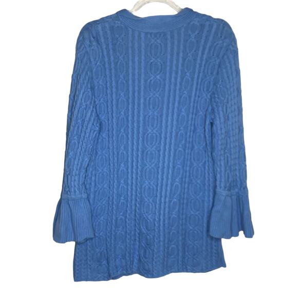 J Jill Womens Size Medium Blue Cableknit Cardigan Sweater Cotton Ruffle Sleeve - Picture 6 of 10